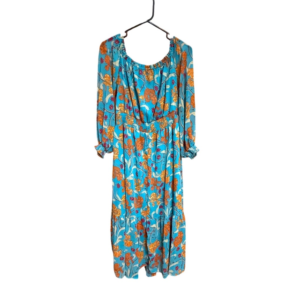 Soffie Floral Midi Dress Boho Smocked Waist Blue Orange Excellent Tiered Hem - Picture 3 of 5